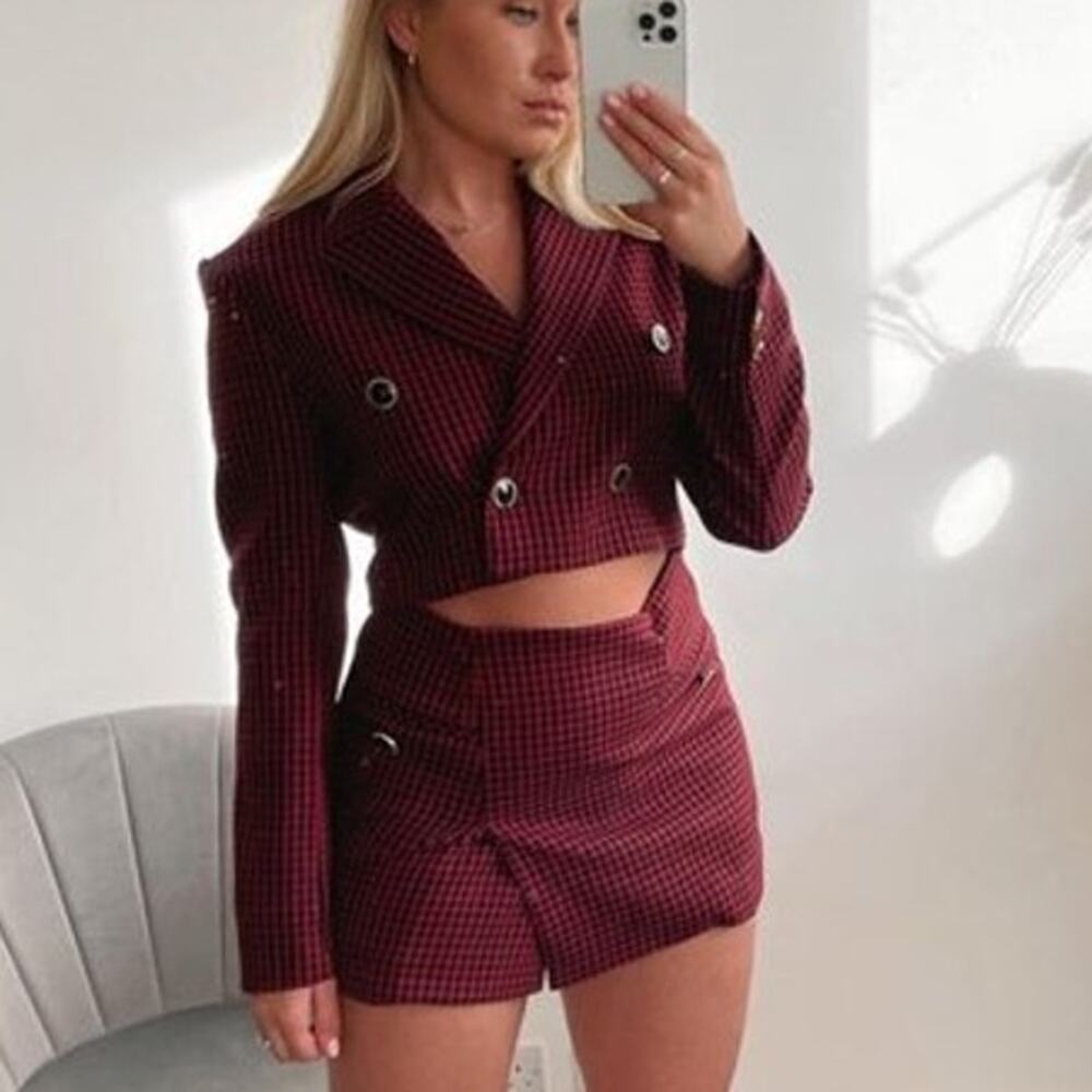 Zara Houndstooth Cropped Blazer Jacket Shoulder Pad Double Breasted Plaid - Picture 8 of 13